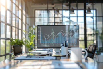Leinwandbilder - A sleek office features a computer displaying data analytics, surrounded by green plants, open notebooks, and a coffee mug, all illuminated by sunlight. Generative AI