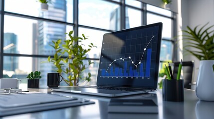 Poster - A sleek office features a laptop showing a growth chart, surrounded by plants and natural light streaming through large windows. Generative AI