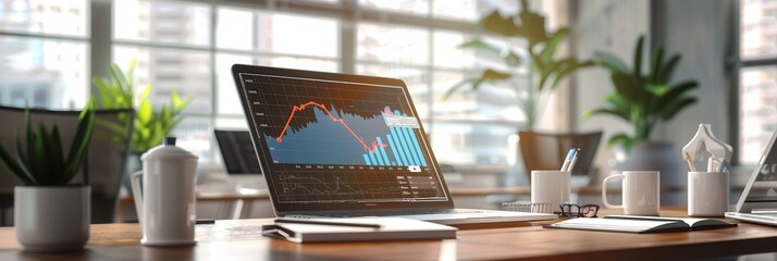 Leinwandbilder - A sleek office features a laptop displaying market analysis, surrounded by plants and morning sunlight filtering through large windows. Generative AI