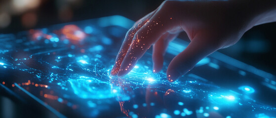 Wall Mural - closeup hand using computer analyzing ai data machine learning