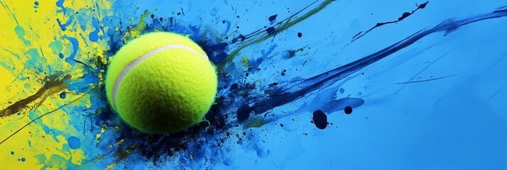 Wall Mural - A tennis ball in focus, set against a vibrant blue and yellow splatter background. This image represents sport, energy, power, competition and action.