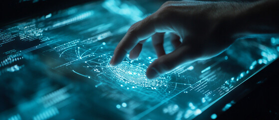 Wall Mural - closeup hand using computer monitoring ai performance artificial intelligence