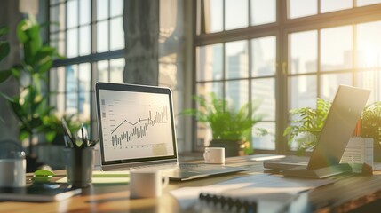 Leinwandbilder - A modern workspace features large windows allowing sunlight to illuminate the room filled with plants, laptops, and data charts on the desk. Generative AI