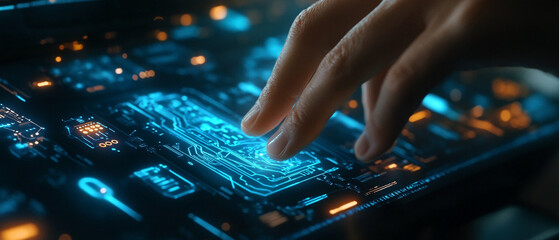 Wall Mural - closeup hand using computer fine-tuning ai models artificial intelligence