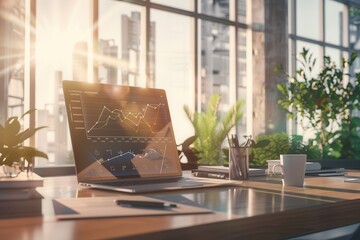 Leinwandbilder - A sleek desk features a laptop displaying graphs, surrounded by plants and a coffee cup, with bright sunlight streaming through large windows. Generative AI