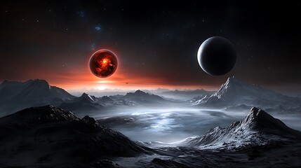 Wall Mural - a cosmic landscape of alien planets and moons, bathed in the eerie glow of distant stars