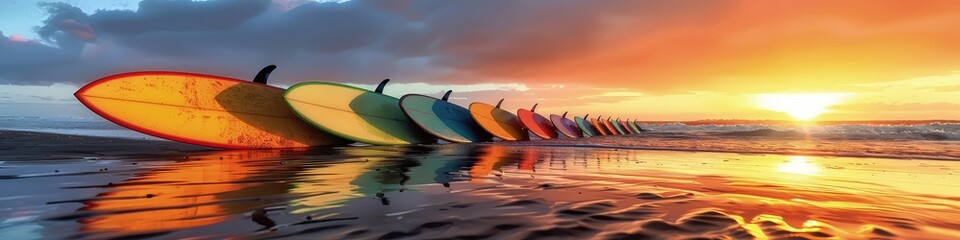 Wall Mural - Surfboards forming a colorful line on a sandy shore as the sun sets, creating a picturesque scene with reflections in the wet sand