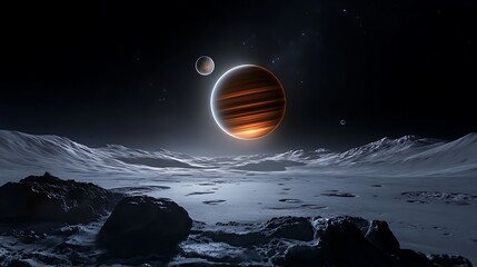Wall Mural - a breathtaking view of a ringed planet, with its moons casting shadows on its surface