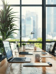 Leinwandbilder - A sleek office features large windows that illuminate the workspace with natural light, showcasing a city backdrop and organized workstations. Generative AI