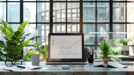 Poster - A modern office features large windows, vibrant plants, and a laptop displaying growth charts, creating an inspiring atmosphere for productivity. Generative AI