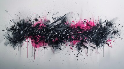 Canvas Print - A striking piece of abstract spray paint artwork featuring bold, black lines and shapes intertwined with pink accents, creating a sense of energetic movement and modern expression.