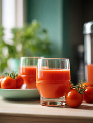 Wall Mural - Fresh squeezed tomato juice in glass on the table, healthy drink option rich in vitamins and nutrients such as potassium, necessary for heart functioning.