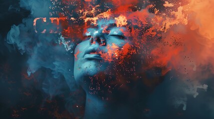 A digital facial representation disintegrating into an array of vibrant particles, illustrating a blend of technology and expressive art, evoking a modern and dramatic visual impact.