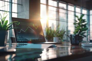 Leinwandbilder - A sleek office showcases a laptop displaying financial graphs, surrounded by plants and a coffee mug, all illuminated by the warm glow of the setting sun. Generative AI