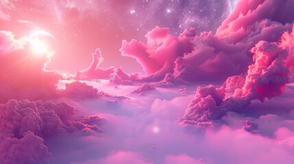 Wall Mural - A surreal and dreamy landscape featuring pink and purple clouds illuminated by a beautiful sunset with a star-kissed sky, evoking a sense of wonder and serenity.