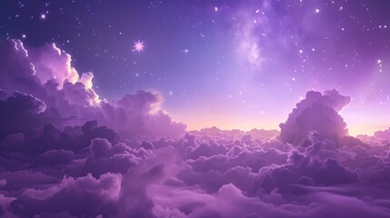 a dreamy twilight scene with a purple sky, dotted with stars, and fluffy clouds creating a surreal a