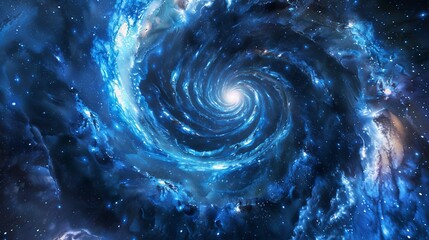Canvas Print - An abstract cosmic whirlpool spirals in deep blue galactic space, mesmerizing with its intricate patterns, intense color contrasts, and the infinite vastness it symbolizes.
