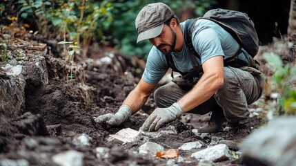 A man is digging in the dirt with a shovel