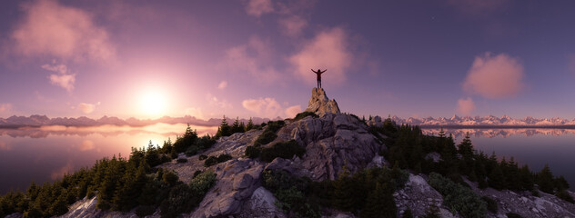 Canvas Print - Adventure Woman Hiker high in mountains. Landscape in Background. Sunset.