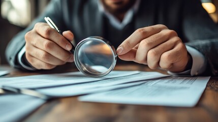 A man is writing with a pen while holding a magnifying glass