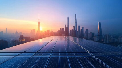 Wall Mural - A panoramic view of a city skyline at sunrise, with solar panels installed on a rooftop, symbolizing sustainable energy, urban development, technological advancement, clean energy, and progress.