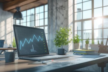 Leinwandbilder - A modern workspace filled with natural light from large windows, showcasing a laptop with data charts amid greenery and organized office supplies. Generative AI