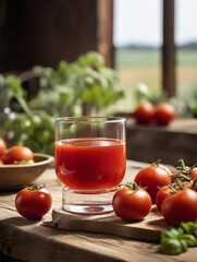 Wall Mural - Fresh squeezed tomato juice in glass on the table, healthy drink option rich in vitamins and nutrients such as potassium, necessary for heart functioning.