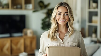 Wall Mural - woman standing in the living room, blurred couch in the background with a tv, modern living room