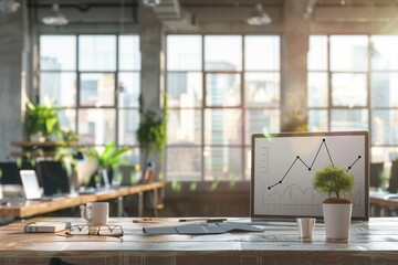 Poster - A sleek workspace features a desk with a laptop displaying a graph, surrounded by plants and natural light streaming through large windows. Generative AI