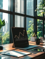 Poster - A sleek office space filled with natural light, showcasing a laptop with graphs, plants, and coffee, creating an inviting atmosphere for productivity. Generative AI