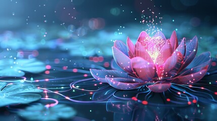 Wall Mural - An enchanting digital artwork of a lotus flower glowing with colorful lights. The delicate petals and ethereal atmosphere convey a sense of tranquility and beauty.