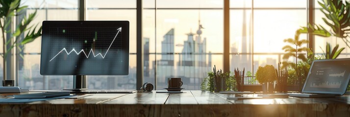 Poster - A sleek office layout showcases large windows with natural light, revealing a city skyline and a well-organized workspace with plants and technology. Generative AI