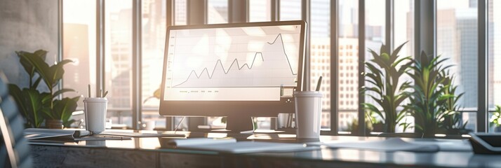 Poster - A bright office features a computer monitor displaying data analytics, surrounded by plants and coffee cups, conveying a productive atmosphere. Generative AI