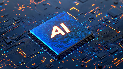 Wall Mural - AI, artificial intelligence, powerful computer processor microchip with the word representing artificial intelligence, AI technology