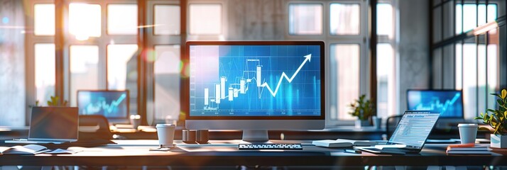Leinwandbilder - A bright office is filled with natural light from large windows, showcasing multiple monitors displaying upward-trending charts. Generative AI