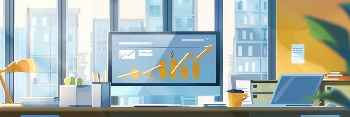 Leinwandbilder - A sleek office features modern furnishings and a computer displaying rising graphs, bathed in sunlight from expansive windows. Generative AI