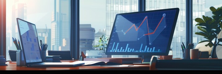 Leinwandbilder - A bright, contemporary office showcases large windows, sleek monitors displaying data, and a bustling city skyline in the background. Generative AI