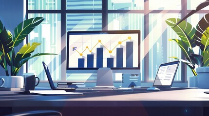 Leinwandbilder - A sleek office features large windows allowing abundant natural light, with a computer displaying data analysis and growth metrics for business insights. Generative AI