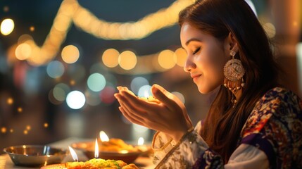 A woman lights diyas while offering prayers during a nighttime cultural festival, surrounded by glowing decorations and a sense of community spirit