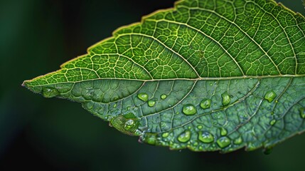 A leaf captured in high detail, showcasing the delicate water droplets resting on its surface, emphasizing the freshness and vitality of nature in a serene moment.