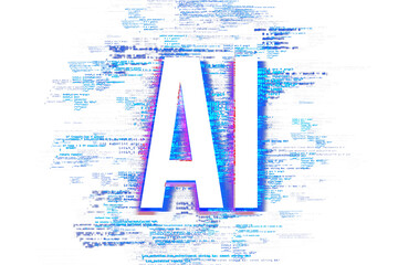 Wall Mural - AI letters with blue and pink code fragments, isolated on white background. Concept of artificial intelligence and machine learning. 3D Rendering.