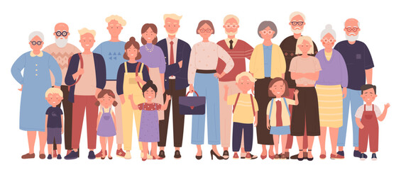 Wall Mural - Happy big family of generations. Young and elderly relatives waving with love and smile, mother and father, grandparents and children standing together and greeting cartoon vector illustration