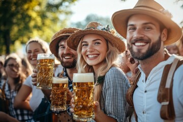 Oktoberfest celebration - family in traditional Bavarian attire, including lederhosen and dirndls, smiling and toasting with beer mugs at festival, German tradition and tourism destination