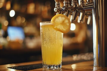 Wall Mural - radler lemon beer poured from tap at oktoberfest bar 