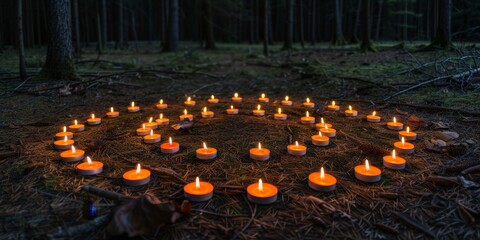 enchanting circle of candles in a dark forest - mysterious and magical atmosphere - perfect for halloween, pagan rituals, and mystical themes.