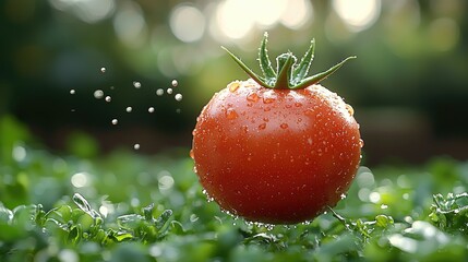 tomate cortado a la mitad aislado en fondo verde, tomate maduro fresco en el aire flotando,