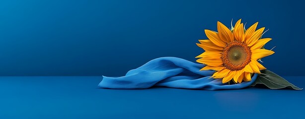 Wall Mural - bright sunflower against a deep blue sky, copy space, semi close-up, more clarity with clear light a
