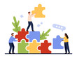 © Flash Vector - Team building, business communication and success teamwork, cooperation in collective goal and startup. Tiny people connect puzzle pieces together, build partnership cartoon vector illustration