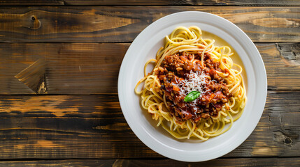 Canvas Print - Steaming spaghetti bolognese on rustic table, topped with parmesan and basil. Mouthwatering italian meal, perfect for lunch or dinner. Rich tomato sauce and savory meat, tempting food lovers