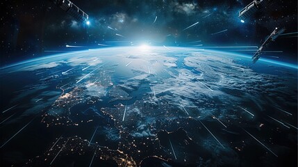 Fototapete - In near-Earth orbit, multiple communications satellites move around the Earth, with the Earth at the bottom of the frame, occupying one-third of the frame. Generative AI.